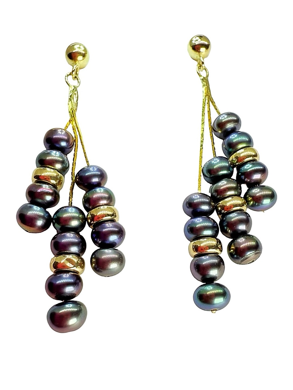 Gold & Black Pearl Cluster Drop Earrings - Elegant Women's Jewelry - Picture 10 of 16